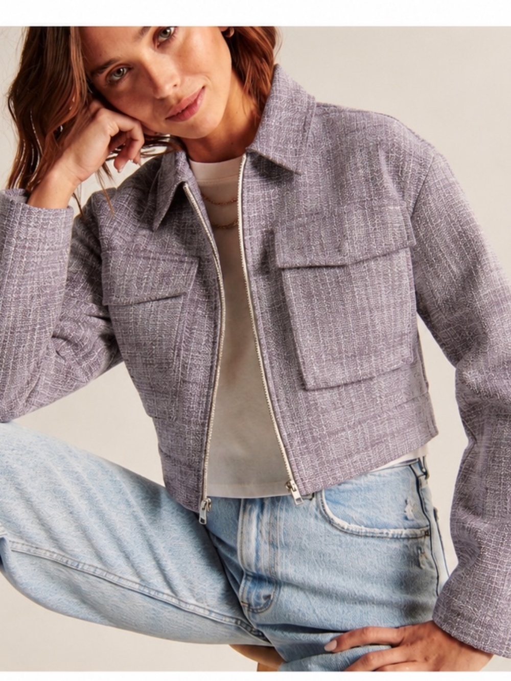 Abercrombie & Fitch Cropped Tweed Utility Jacket Lavender Purple Size XL